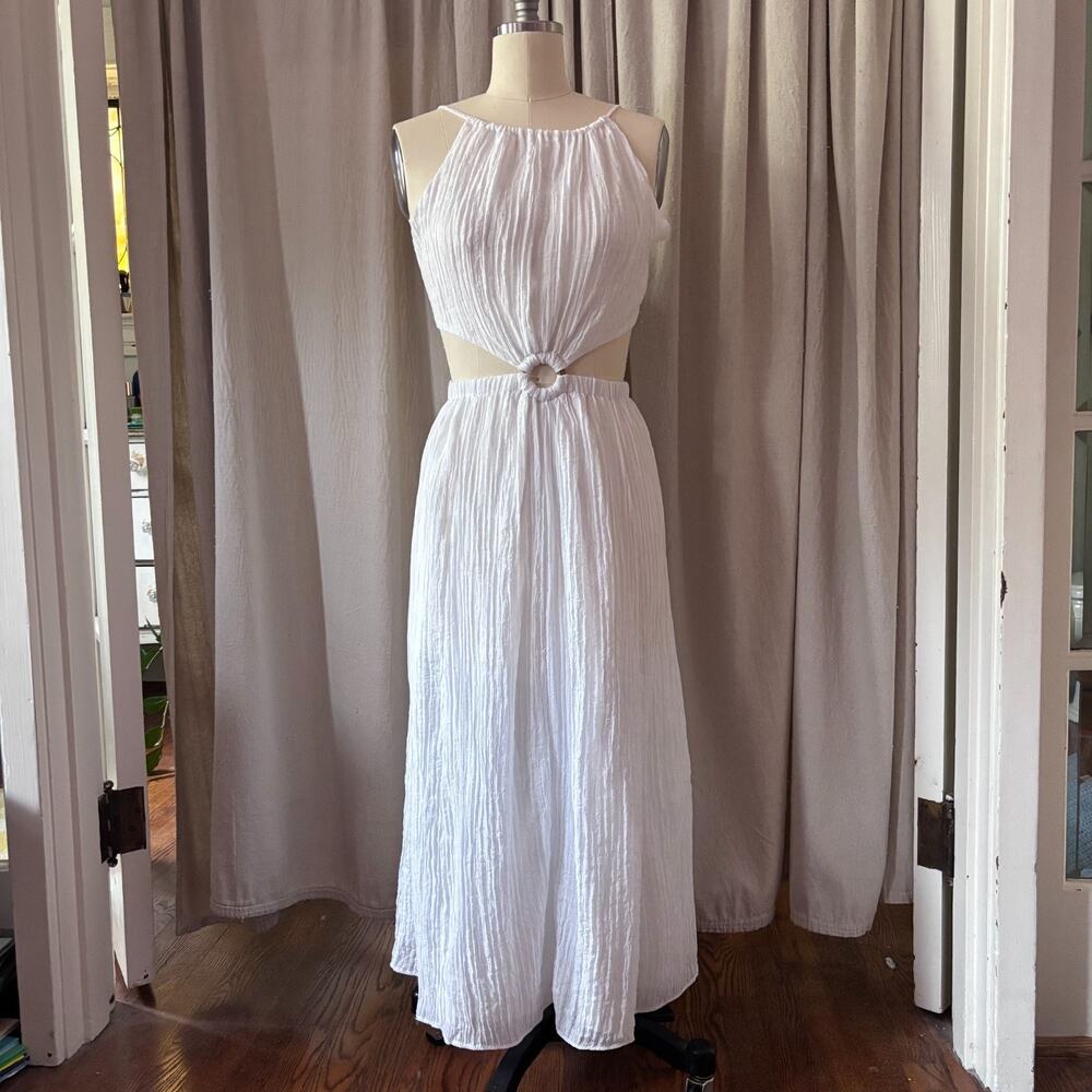 Lulus White Crinkle Cutout Ring Midi Dress Large Open Back Tie Resortwear Bridal
